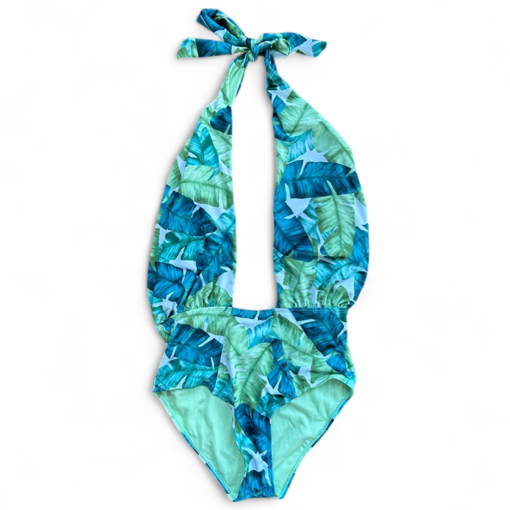 ENVYA Tropical Plunge Halter Monokini One Piece Swimsuit Y2K Beach Resort M
